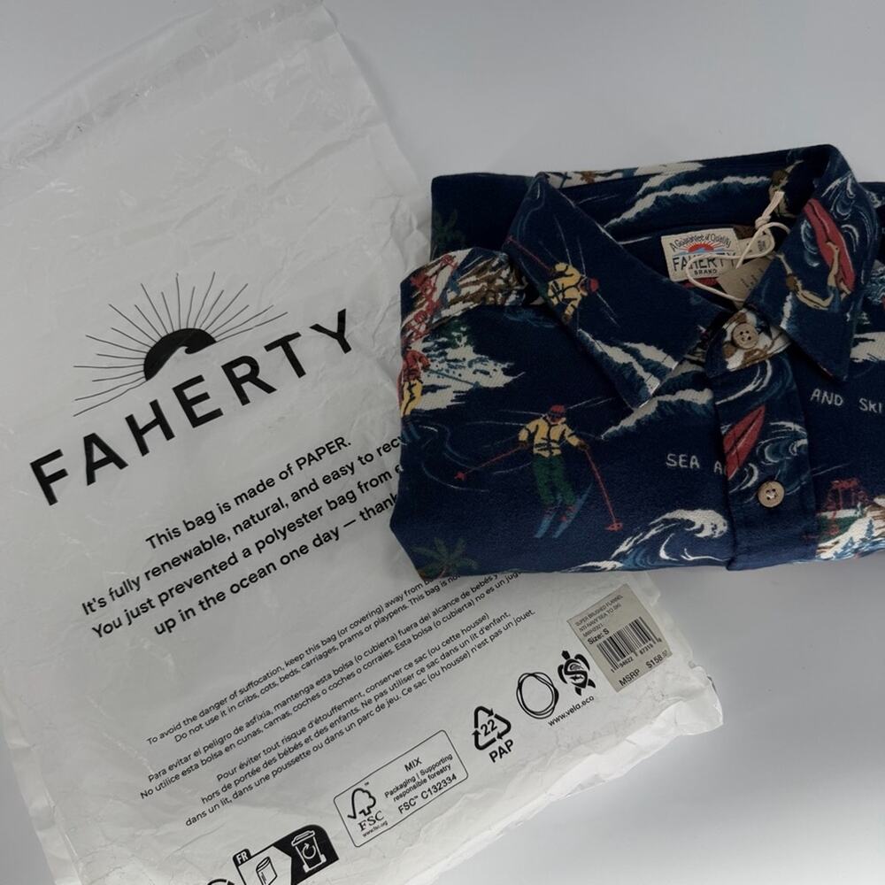 NEW Faherty Super Brushed Flannel Navy Sea and Ski Print Shirt Mens Small - Picture 7 of 7